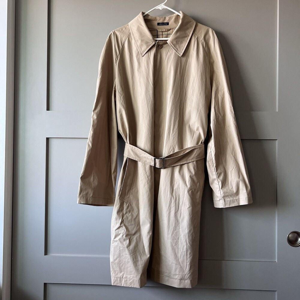 Arnold Brant Trench Coat Mens Sz Italy 52/‎ US L Beige Plaid Lined Buttons Belt